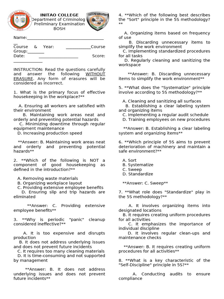 Bosh Prelim Exam With Key - 2025 | PDF | Occupational Safety And Health ...