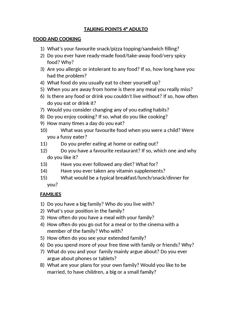 Engaging Discussion Topics for Adults | PDF | Meal