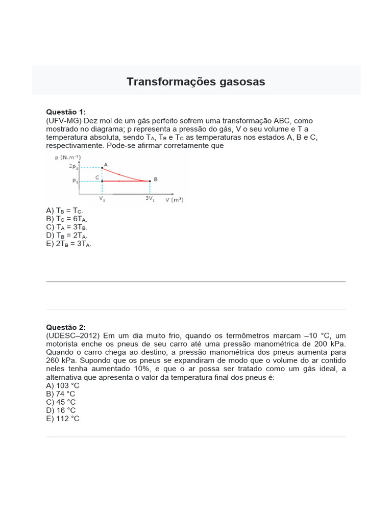 Questões sobre Transformações Gasosas | PDF | Gases | Temperatura