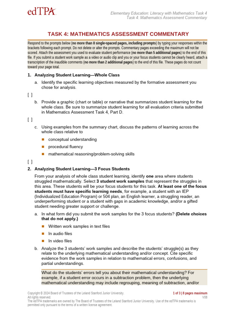 EdTPA ELEM Mathematics Assessment Commentary | PDF | Individualized ...