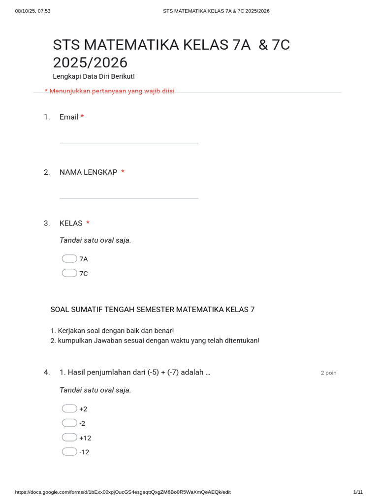 Soal Ujian Matematika Kelas 7A & 7C | PDF