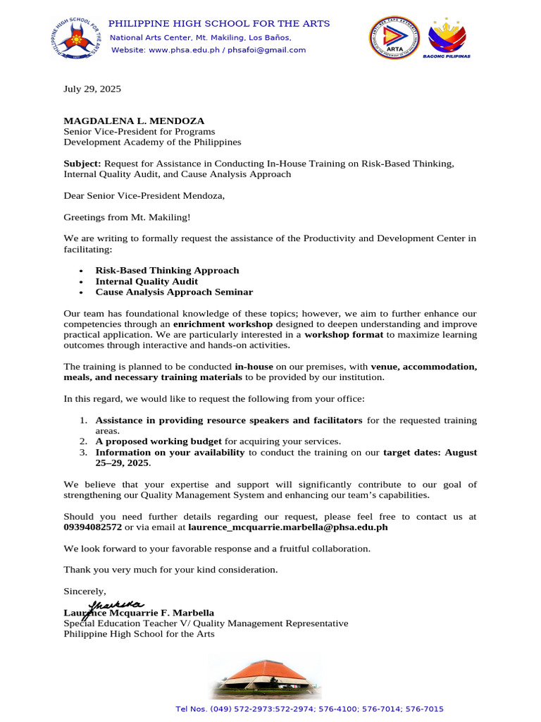 Request For Assistance in Conducting In-House Training On Risk-Based ...