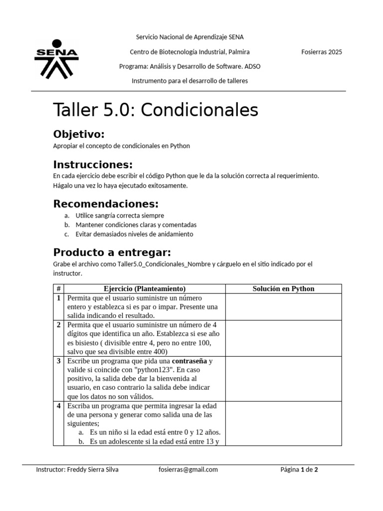 Taller de Condicionales en Python | PDF | Python (lenguaje de ...