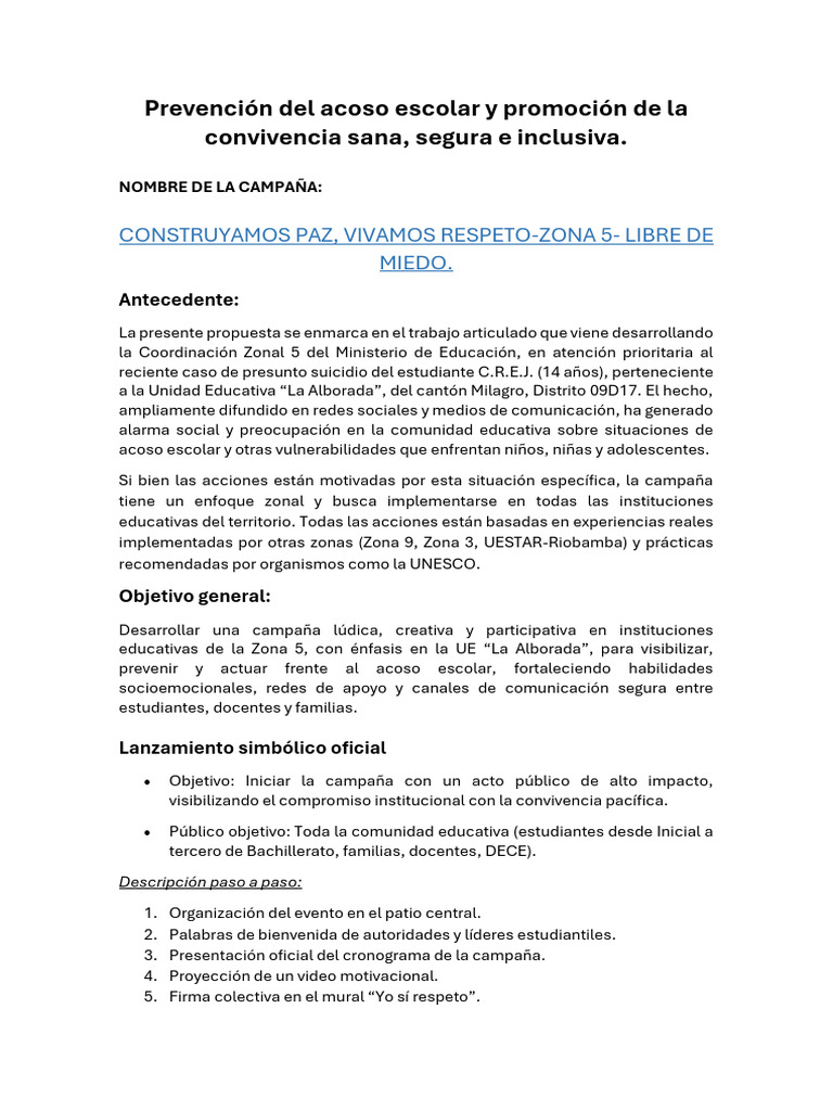 Prevención del Acoso Escolar en Zona 5 | PDF