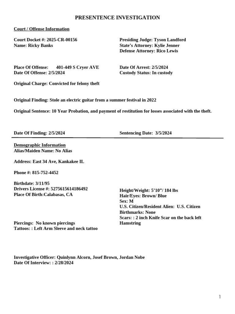 Ricky Banks Presentence Investigation Report | PDF | Probation | Recidivism