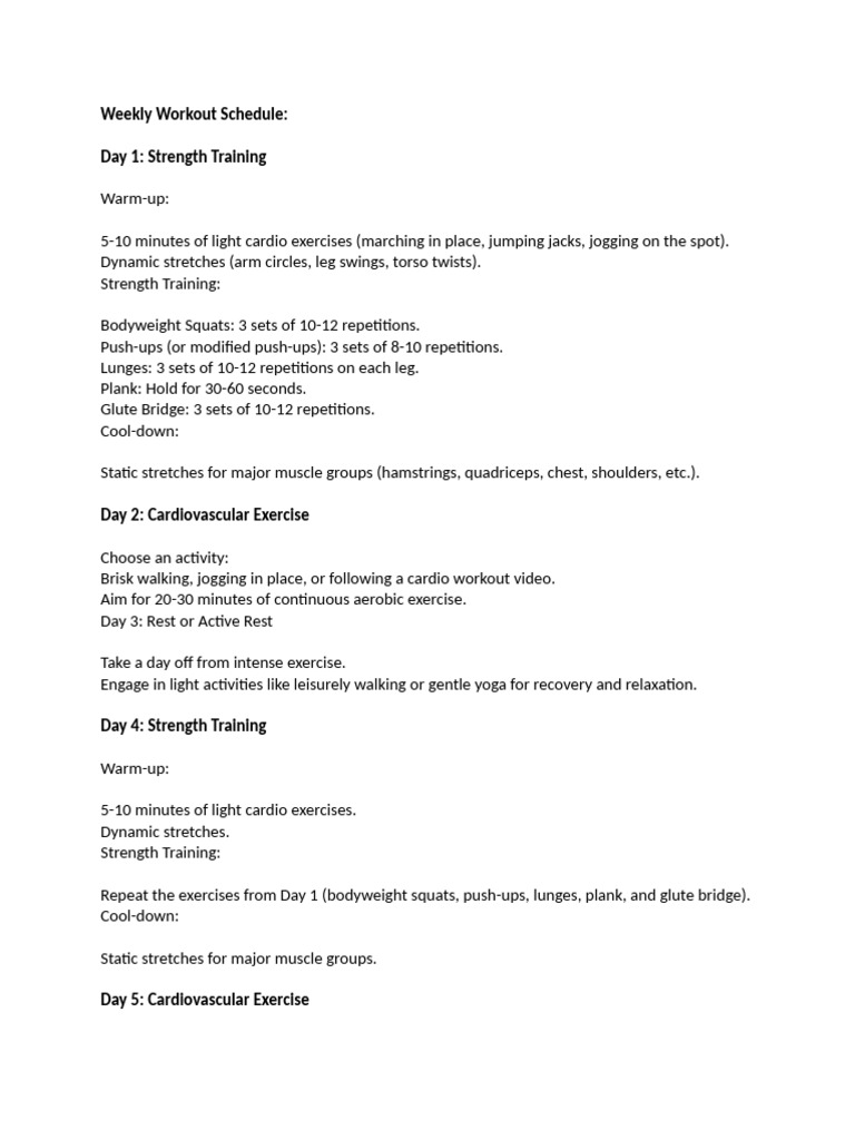 Weekly Workout Plan: Strength & Cardio | PDF