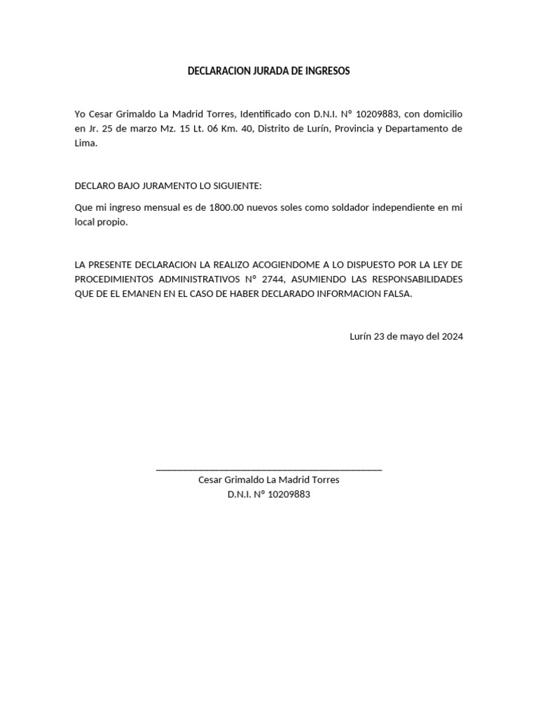 Declaración Jurada de Ingresos 2024 | PDF
