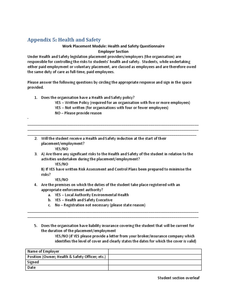 Health and Safety Questionnaire Occupational Safety And Health