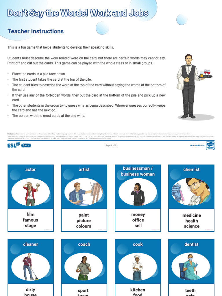 ESL Game: Describe Work Terms | PDF | English As A Second Or Foreign ...