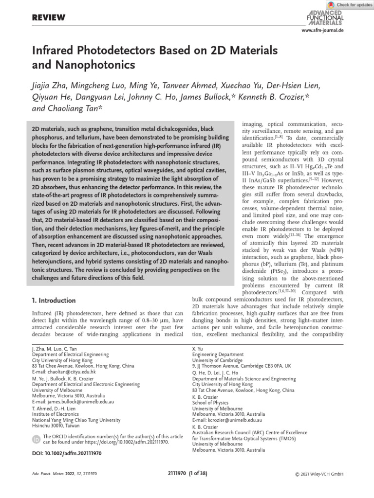 Adv Funct Materials - 2022 - Zha - Infrared Photodetectors Based On 2D ...