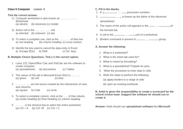 Class 5 Computer Worksheet on Excel | PDF | Spreadsheet | Microsoft Excel