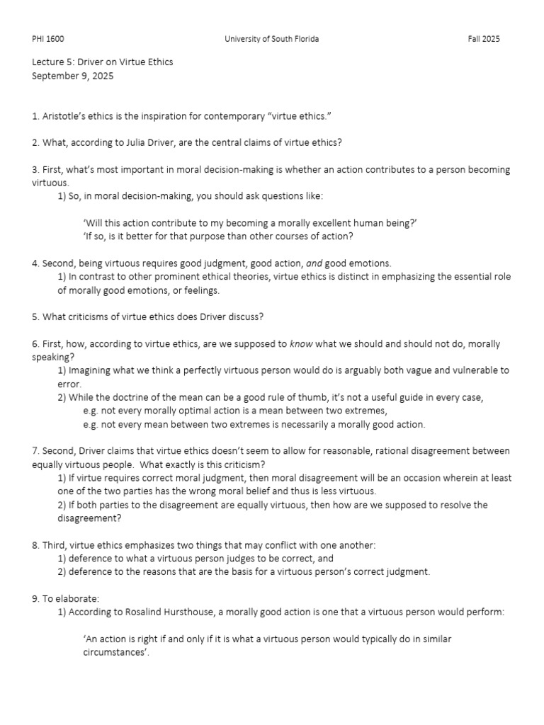 Lecture 5 - Driver On Virtue Ethics | PDF | Virtue Ethics | Virtue