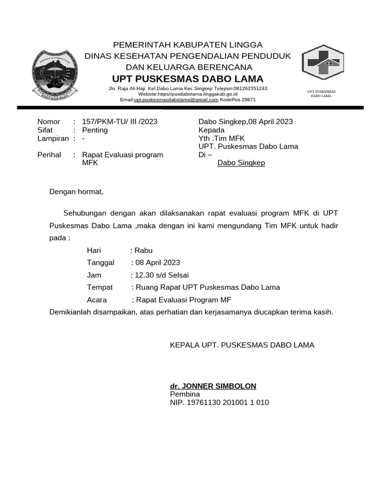 Undangan Rapat Evaluasi MFK Puskesmas | PDF