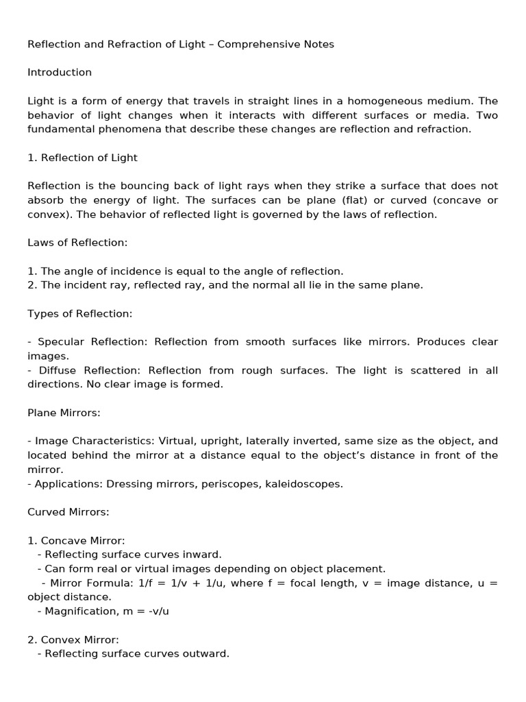 Reflection Refraction Notes UTF8 | PDF | Reflection (Physics) | Refraction