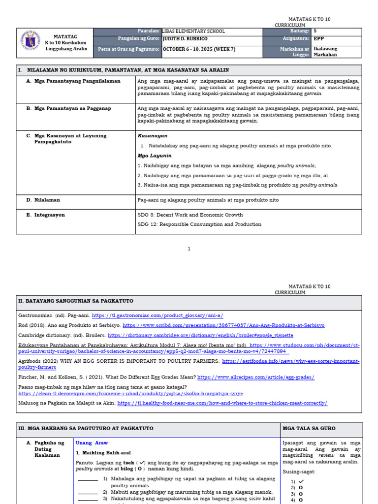 DLL Matatag - Epp 5 q2 w7 | PDF