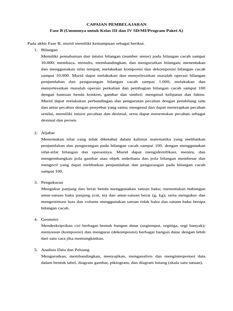 Capaian Pembelajaran Matematika Kelas 3 | PDF