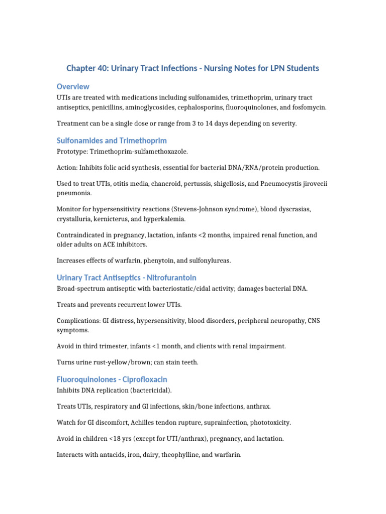 Chapter 40 UTI Nursing Notes LPN | PDF