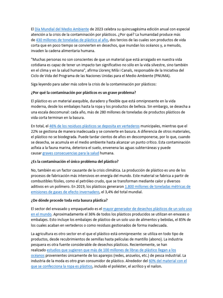 Crisis de Contaminación por Plásticos 2023 | PDF | El plastico | Residuos