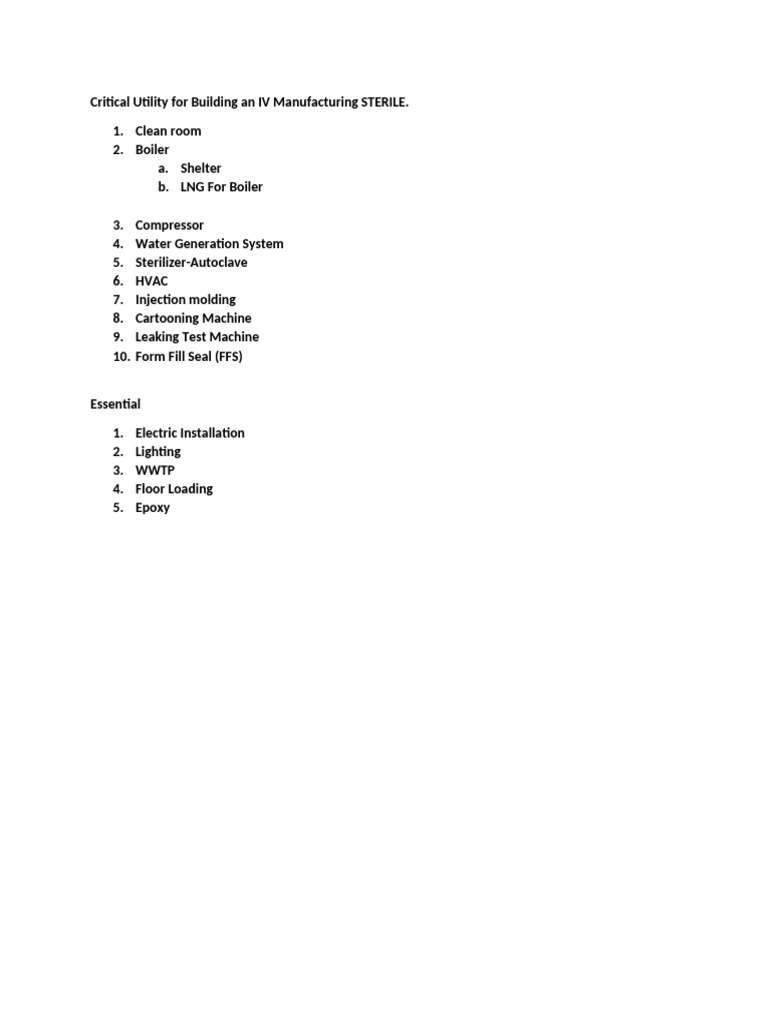 Critical Machine For Building An IV Manufacturing STERILE | PDF