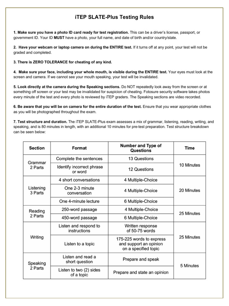 ITEP SLATE Plus Testing Rules English | PDF
