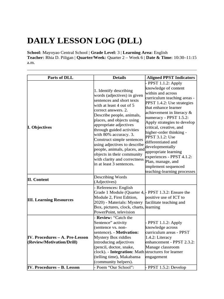 Daily Lesson Log Alligned PPST | PDF | Learning | Educational Technology