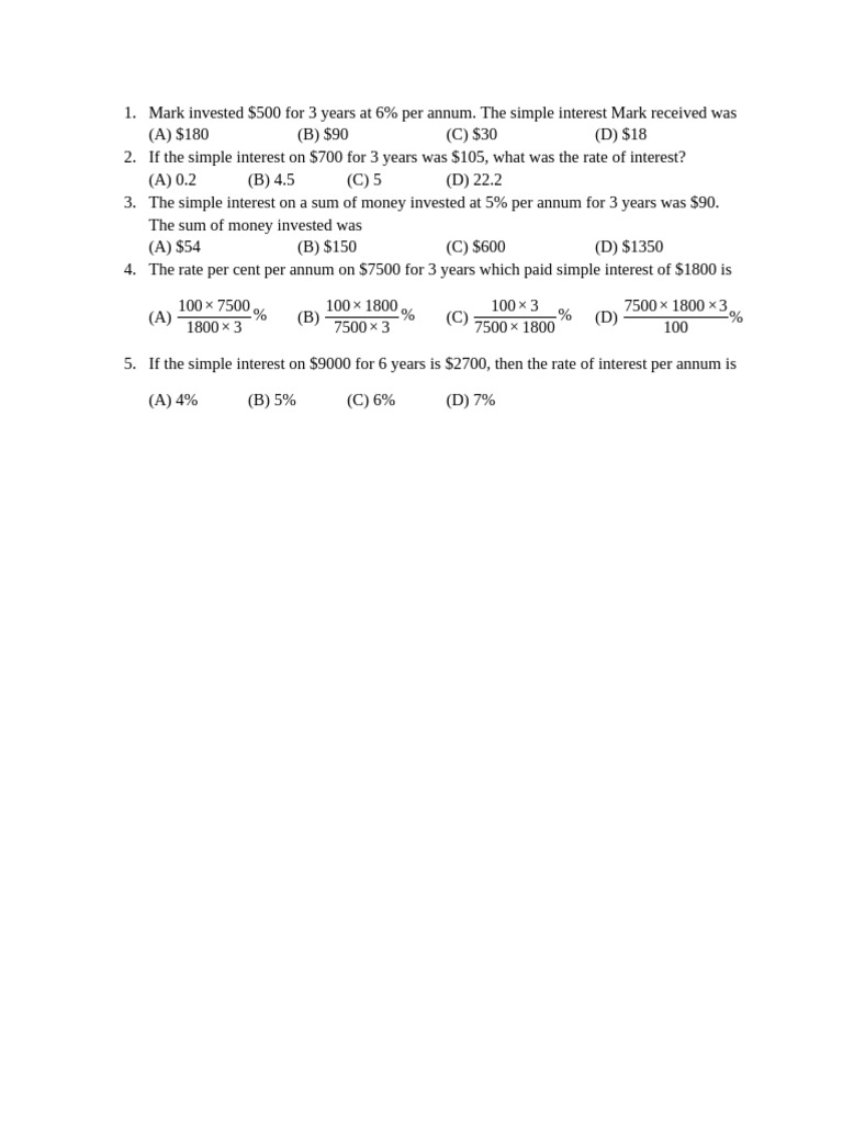Simple Interest Calculation Questions | PDF