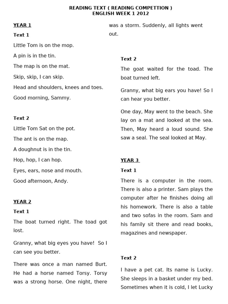 Reading Competition Texts for Years 1-6 | PDF