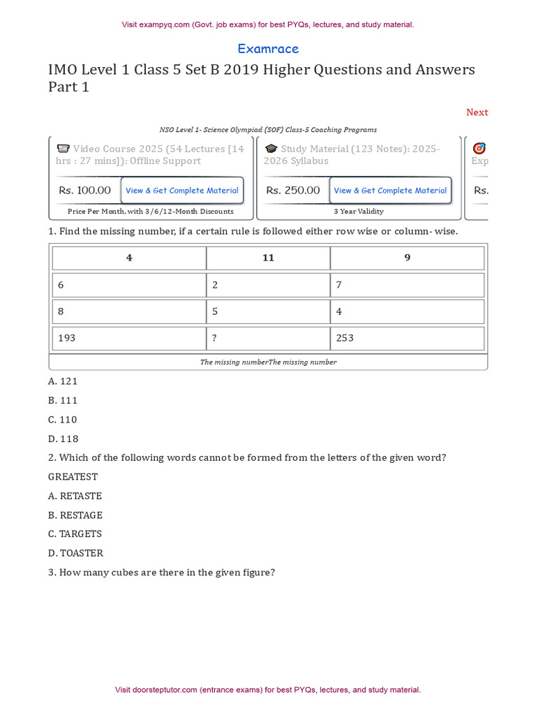 IMO Level 1 Class 5 Set B 2019 Part 1 | PDF