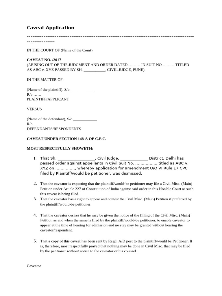 Caveat Application Under CPC 148-A | PDF