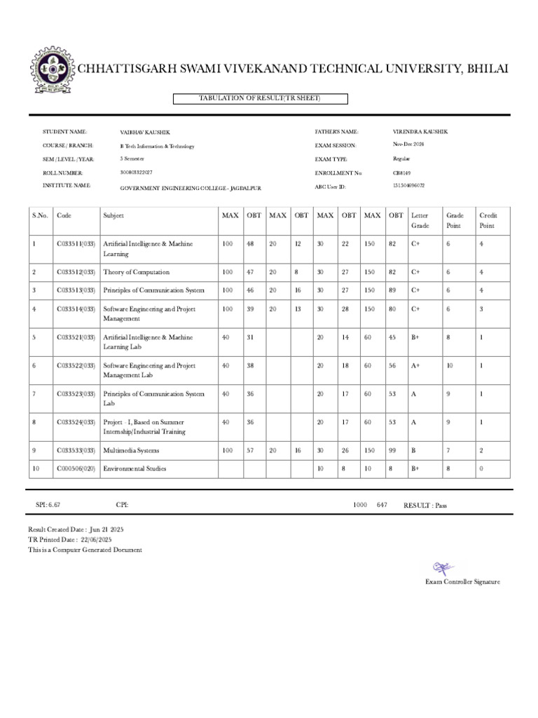 B Tech IT 5th Semester Result Sheet | PDF | Computing | Engineering