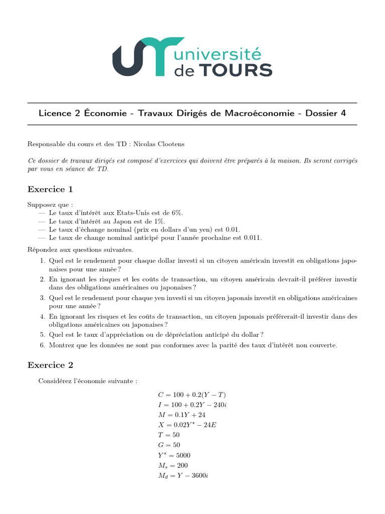 TD de Macroéconomie : Exercices et Analyses | PDF | Taux de change ...