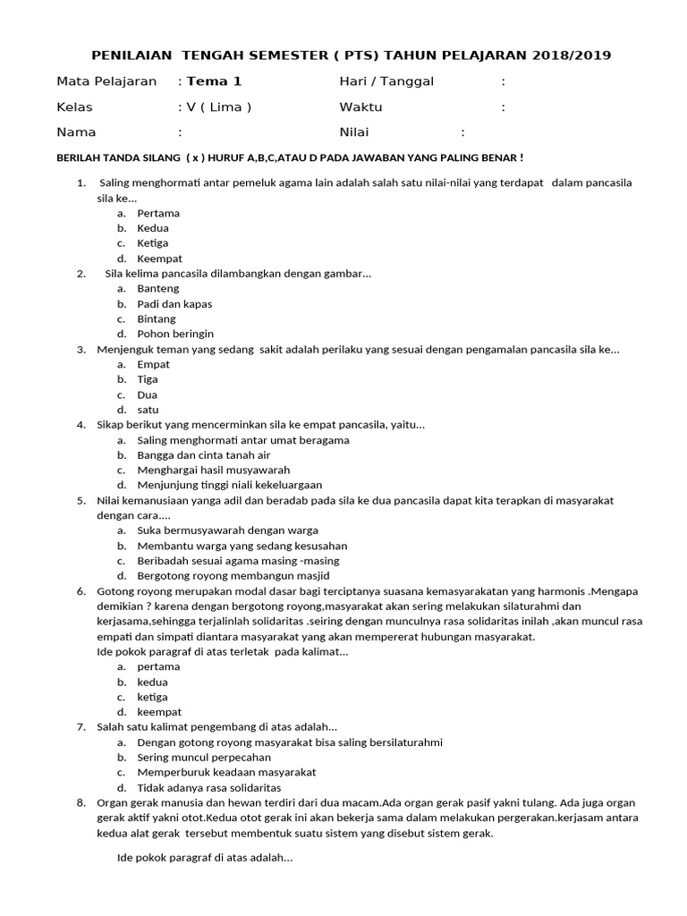 Soal Tema 1 Kls 5 PTS 1 TP. 2018 - 2019 | PDF