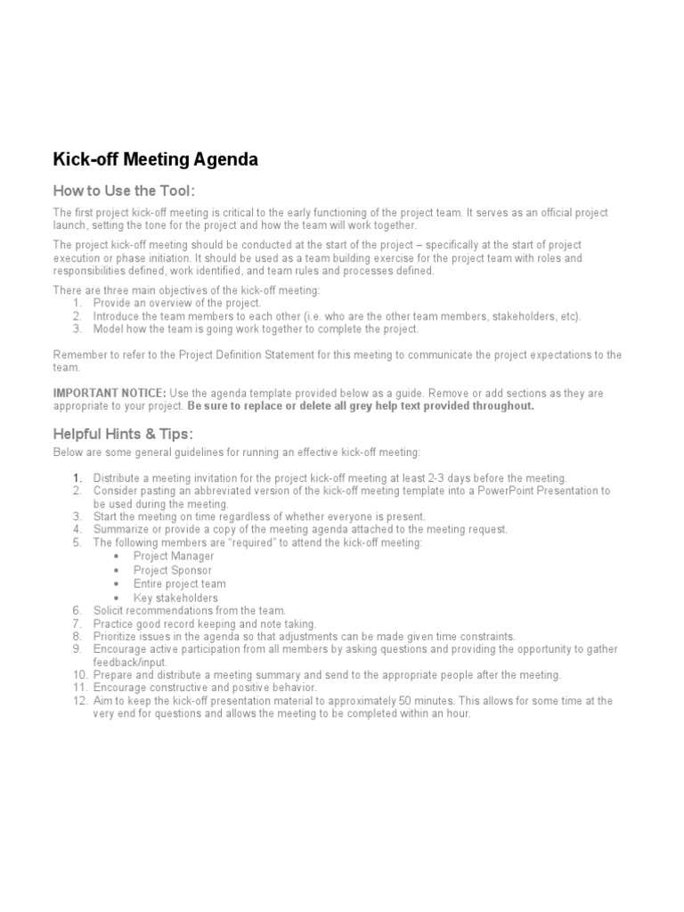 Project Kickoff Meeting Agenda Template | PDF | Project Manager | Cognition