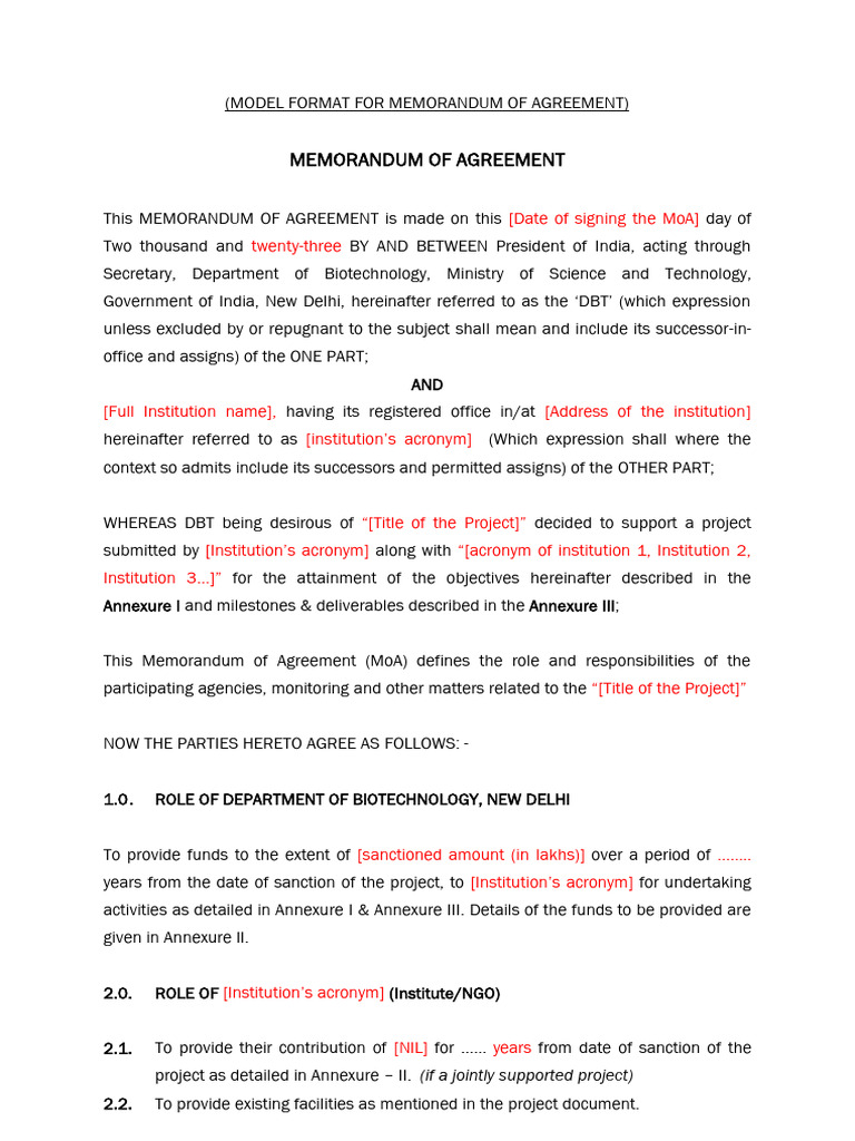 DBT MoA Format With Terms Conditions | PDF | Arbitration | Intellectual ...