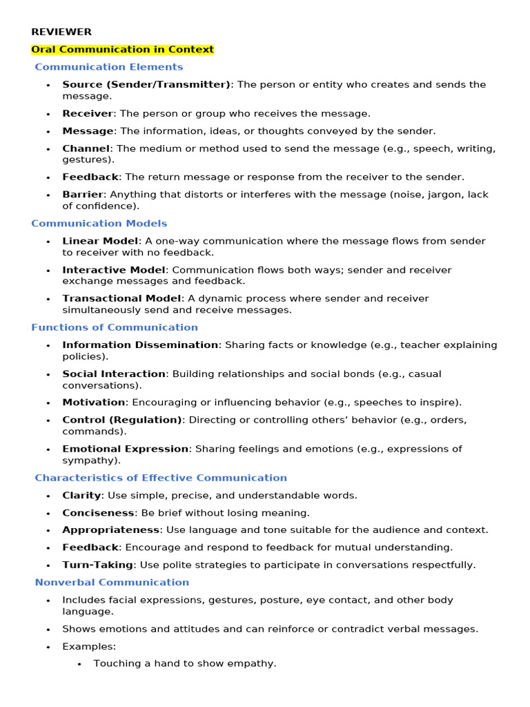 Reviewer in Oral Communication For First Quarter Exam | PDF ...