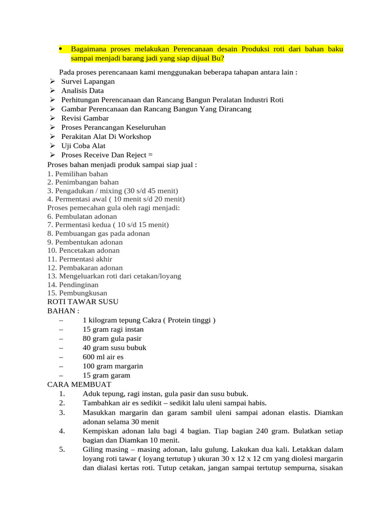 Proses Produksi Roti Tawar Susu Lengkap | PDF