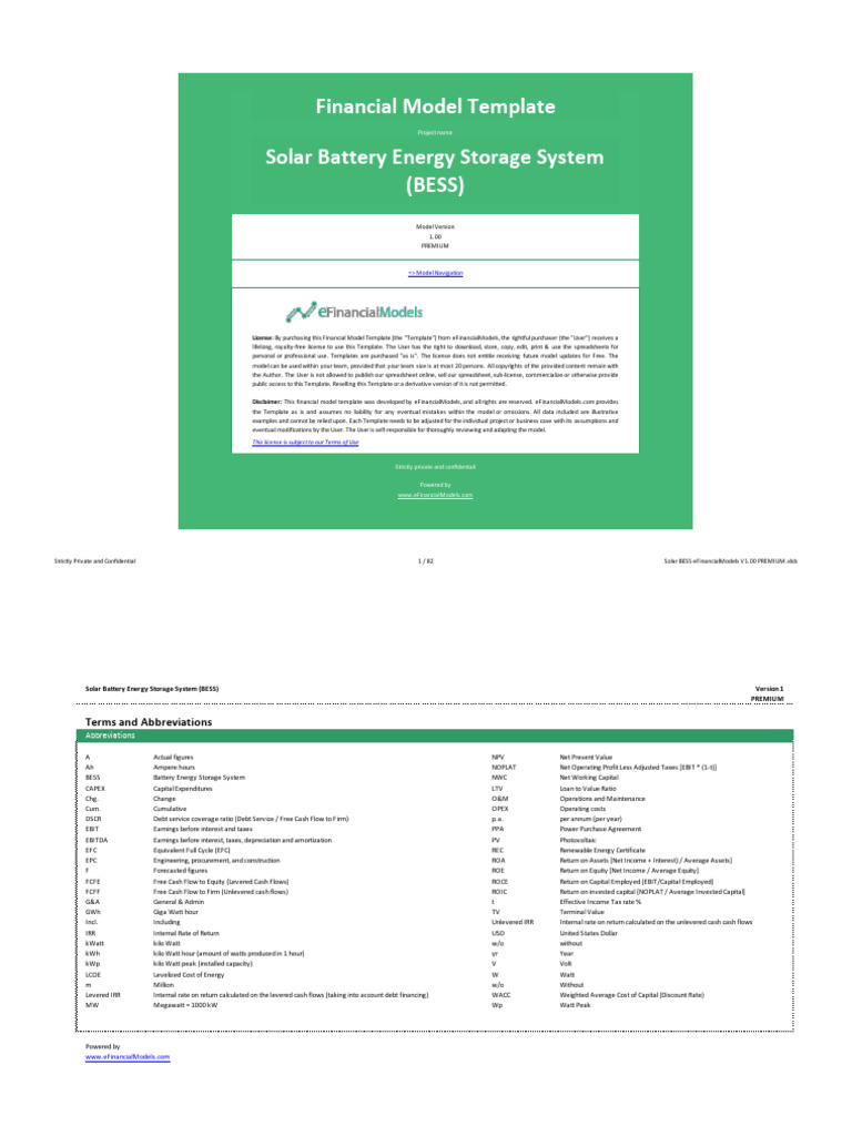 Solar BESS Financial Model Template | PDF | Solar Power | Free Cash Flow