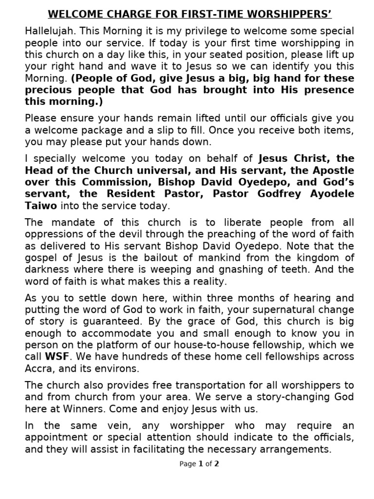 Welcome Charge for New Worshippers | PDF