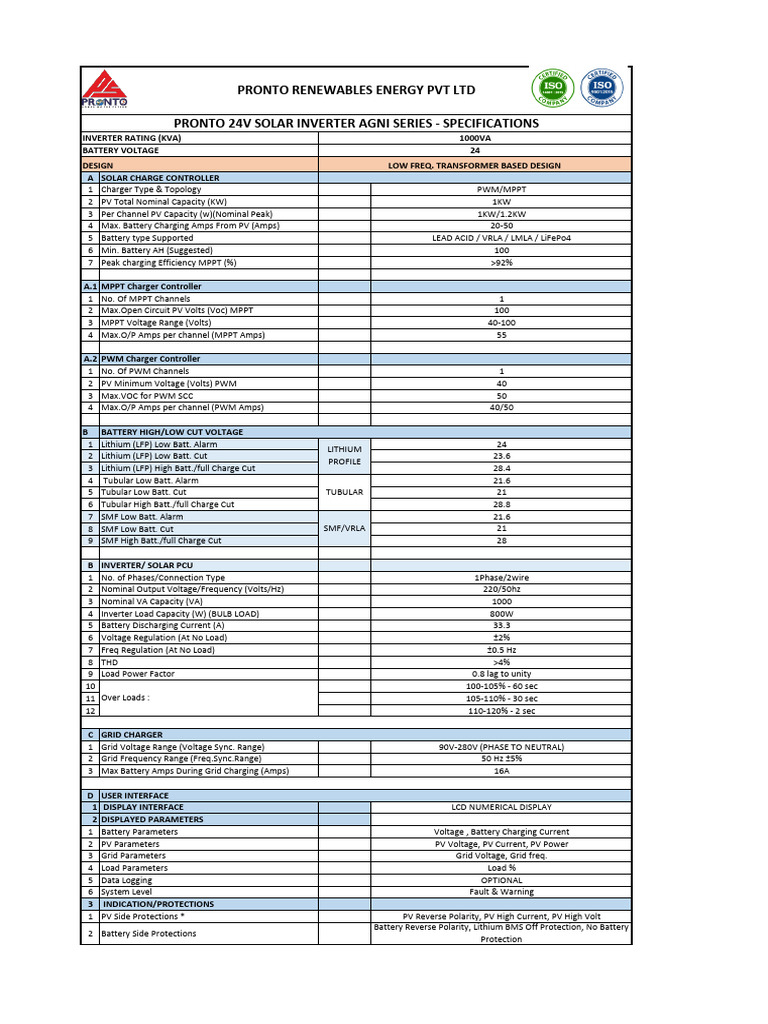 Pronto - 1kva 24v Agni Series - Specs | PDF | Battery Charger | Power ...
