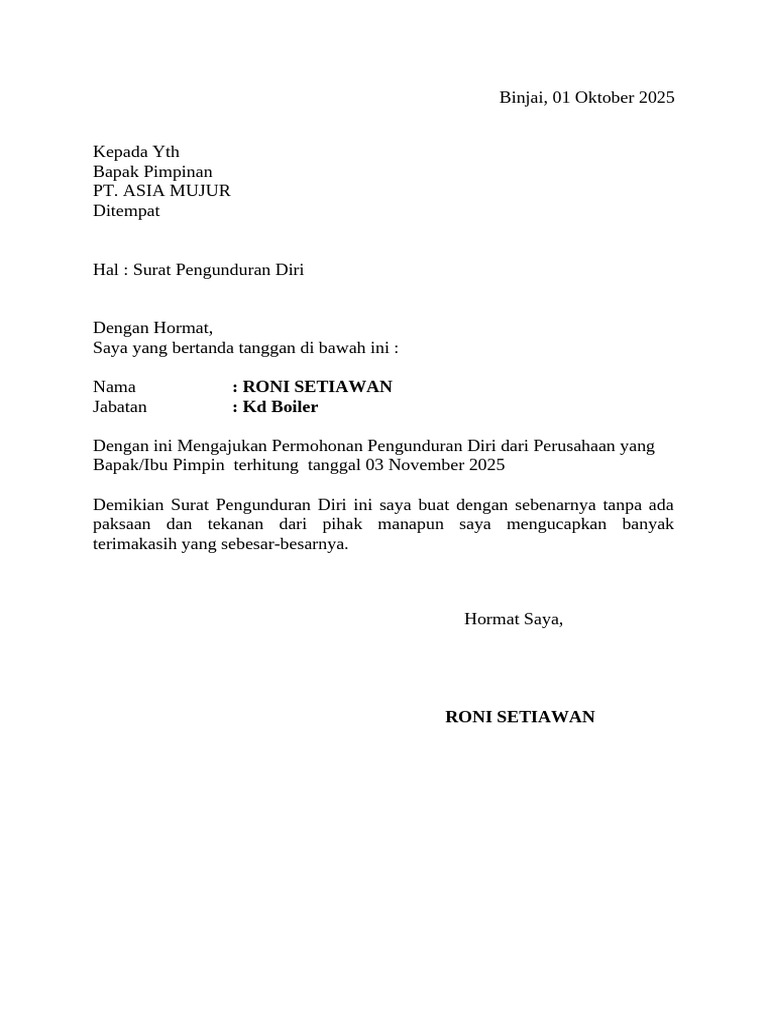 Surat Pengunduran Diri Roni Setiawan | PDF