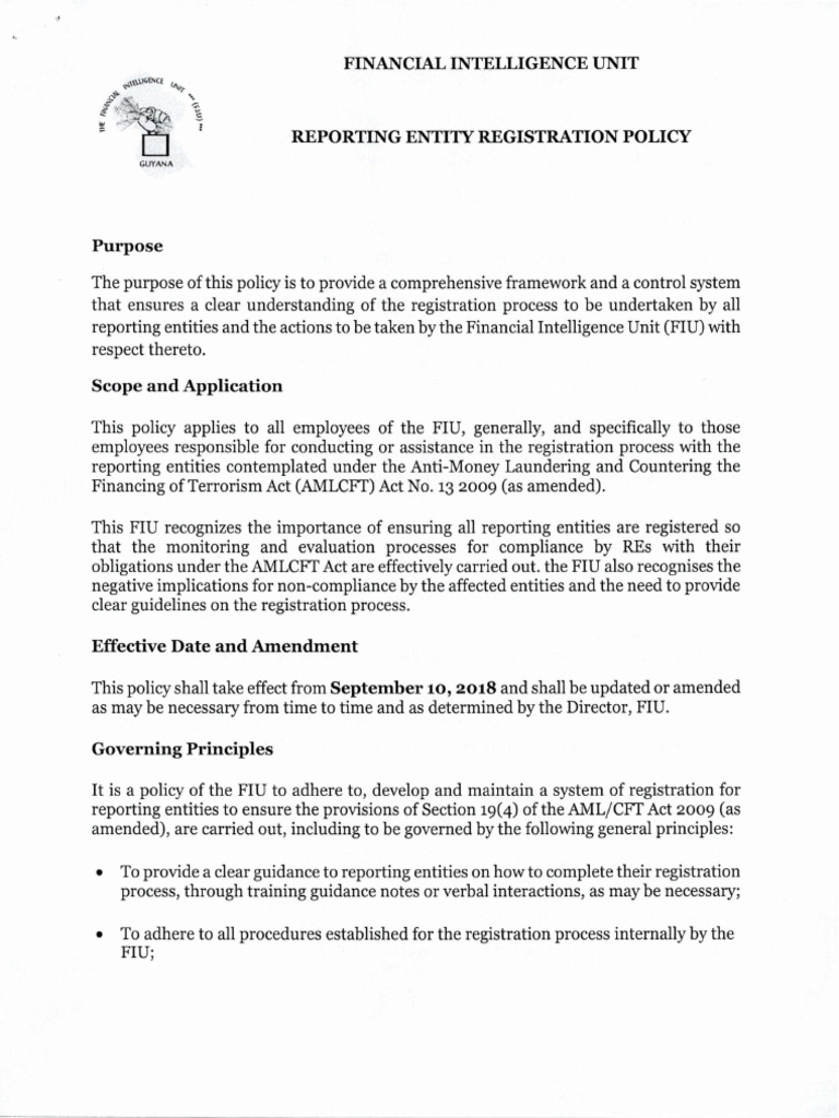 Guyana Financial Intelligence Unit Registration Policy | PDF ...