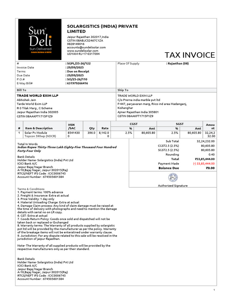 Tax Invoice for Solar PV Module Sale | PDF