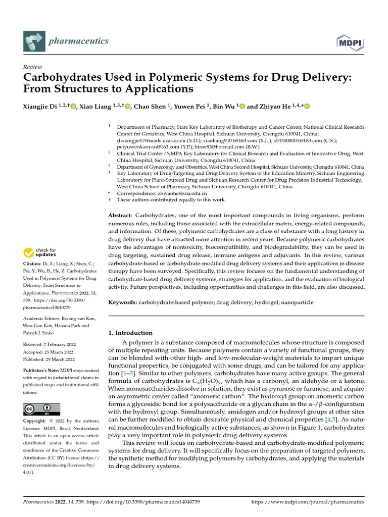 Carbohydrate Polymeric Systems in Drug Delivery | PDF | Nanoparticle ...