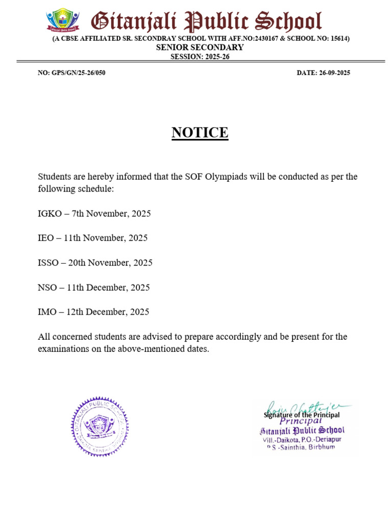 Notice - Dates For SOF Olympiads Exam - 26!09!2025 | PDF