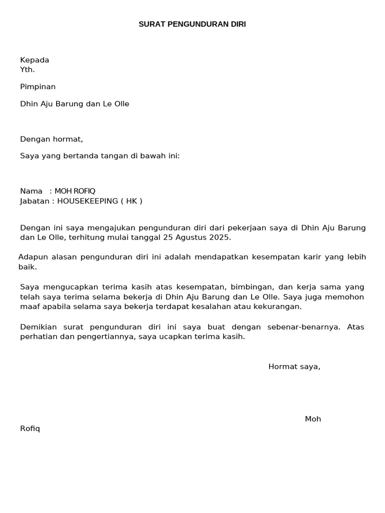 Surat Pengunduran Diri Moh Rofiq | PDF