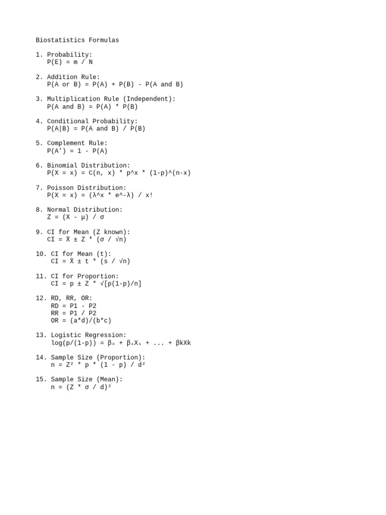 Essential Biostatistics Formulas | PDF