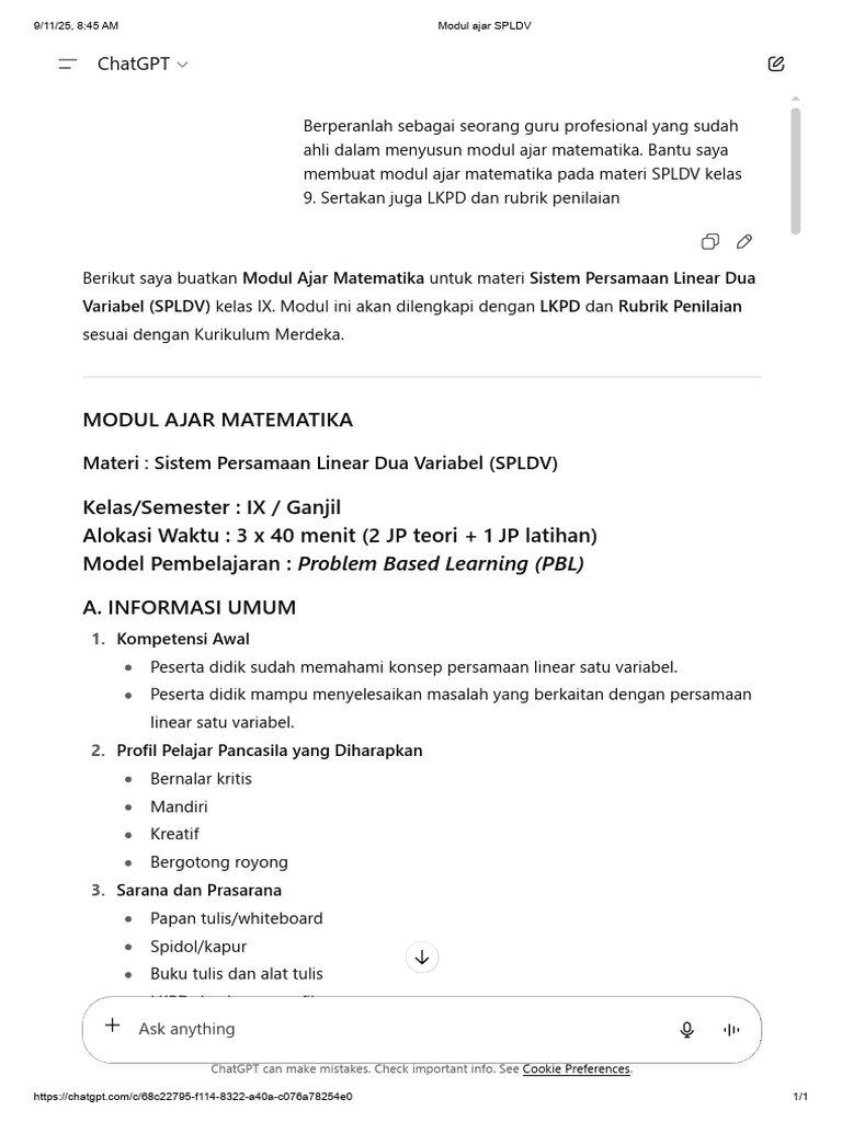 Modul Ajar SPLDV Kelas 9 Kurikulum Merdeka | PDF