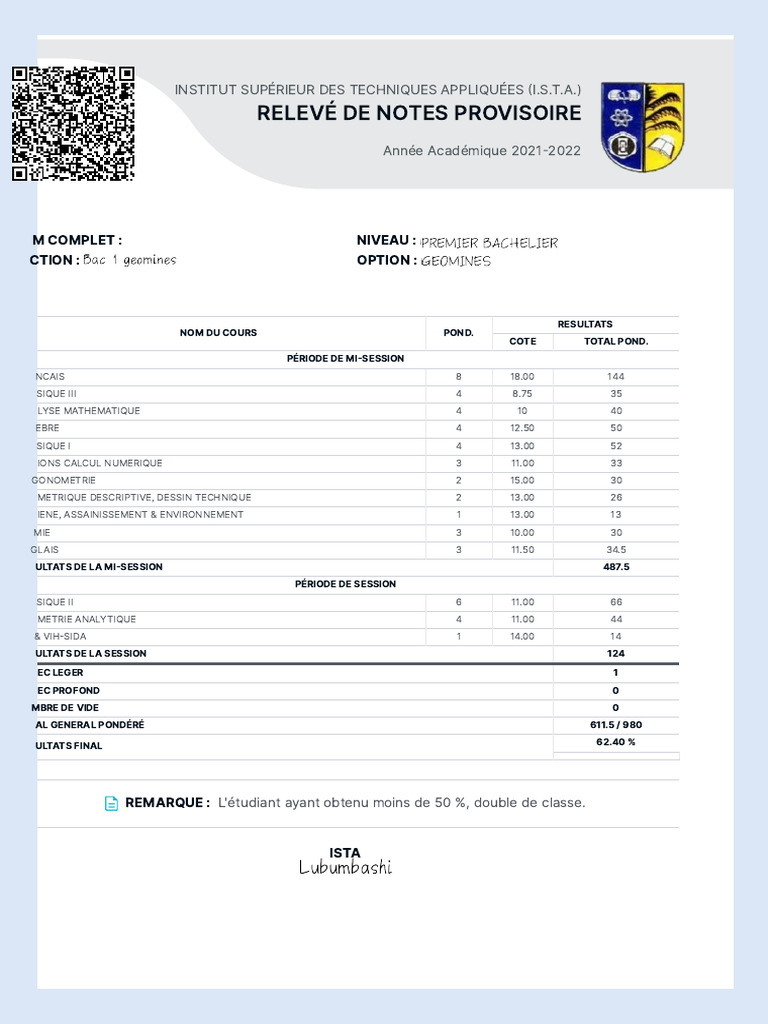 Relevé de notes provisoire 2021-2022 | PDF