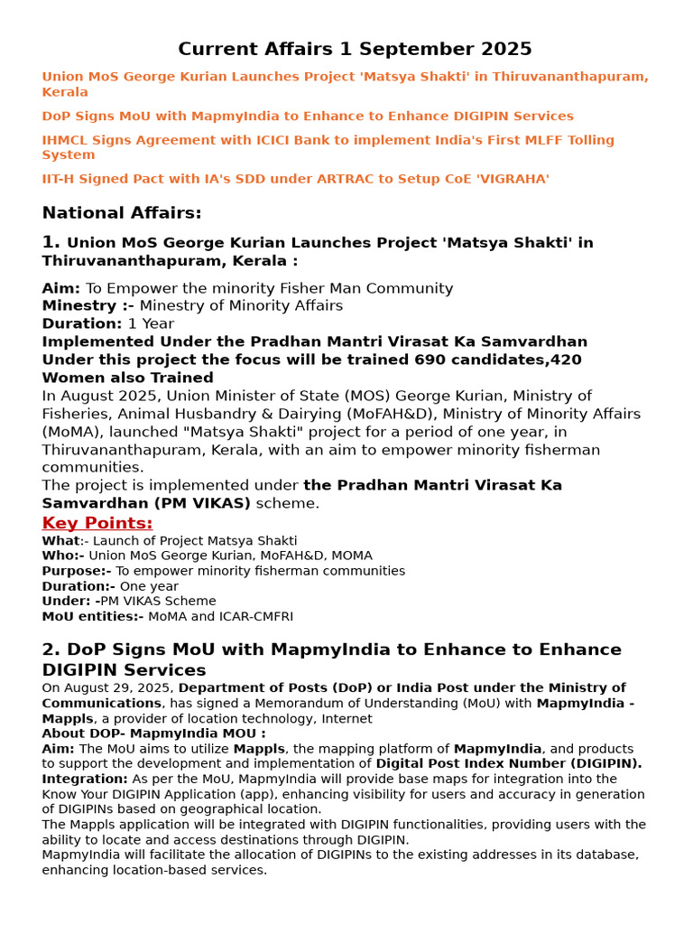 Current Affairs 1 September 2025 | PDF | Reserve Bank Of India