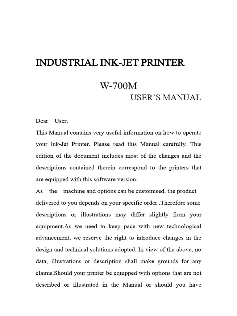 W-700M Industrial Ink-Jet Printer Manual | PDF | Menu (Computing ...